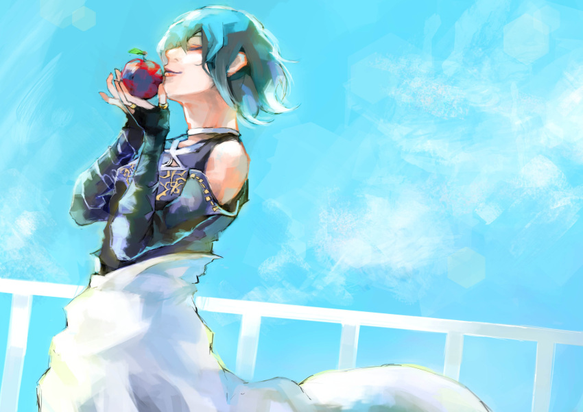 1girl absurdres apple bangs bare_shoulders black_shirt bridal_gauntlets closed_eyes closed_mouth cowboy_shot day food from_side fruit green_hair hair_over_one_eye highres kirishima_touka kyuuba_melo outdoors profile red_apple shirt short_hair skirt smile solo tokyo_ghoul tokyo_ghoul:re white_skirt