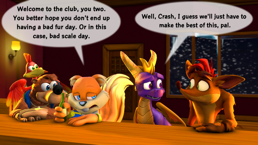 3d_(artwork) absurd_res activision anthro avian bandicoot banjo-kazooie banjo_(banjo-kazooie) beak bird black_nose blue_eyes bottle breegull brown_body brown_fur buckteeth clothed clothing conker conker's_bad_fur_day crash_bandicoot crash_bandicoot_(series) crossover dialogue digital_media_(artwork) door dragon english_text eye_contact feathered_wings feathers female feral fingerless_gloves fur gloves green_eyes group hair half-closed_eyes handwear head_tuft hi_res holding_bottle holding_object horn huge_filesize kazooie light looking_at_another male mammal marsupial membrane_(anatomy) membranous_wings narrowed_eyes orange_body orange_fur purple_body purple_scales rareware red_body rodent scales scalie sciurid snow source_filmmaker speech_bubble spyro spyro_the_dragon teeth text travis_the_dragon tree_squirrel tuft ursid video_games western_dragon window wings