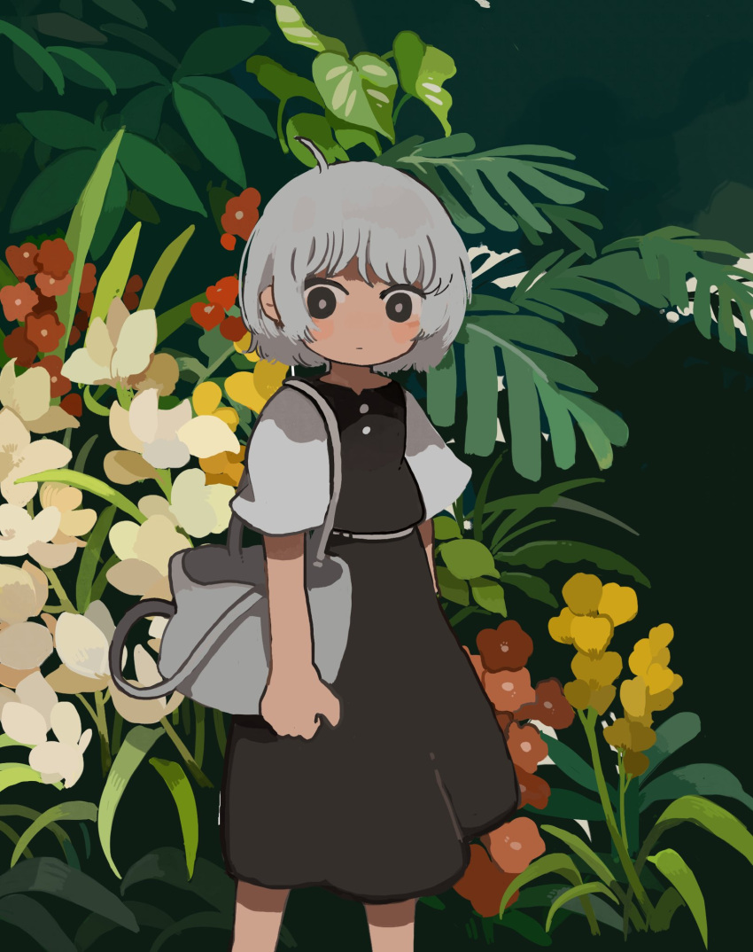 1girl ahoge bag bangs black_eyes black_skirt black_vest blush bob_cut brown_eyes brown_skirt brown_vest buttons butudan_butugu closed_mouth feet_out_of_frame flower green_background grey_bag grey_hair highres leaf looking_at_viewer no_nose original plant red_flower shirt short_hair short_sleeves shoulder_bag skirt skirt_set solo standing vest white_flower white_shirt yellow_flower