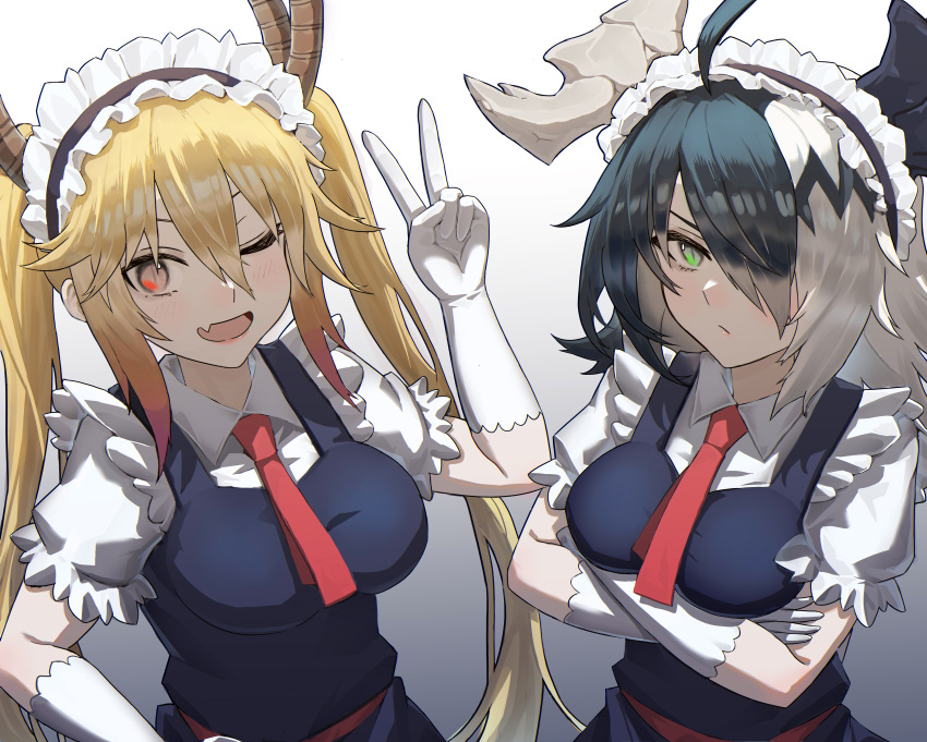 2girls absurdres ahoge alchemy_stars apron ascot bangs black_hair black_horns blonde_hair blush breasts chinese_commentary closed_mouth collared_shirt commentary_request cosplay crossed_arms dragon_horns eyelashes fang gloves gradient gradient_background gradient_hair green_eyes grey_background grey_horns hair_between_eyes hair_over_one_eye highres horns kobayashi-san_chi_no_maidragon kongbai_huanxiang large_breasts long_hair looking_at_viewer maid maid_apron maid_headdress medium_hair multicolored_hair multiple_girls one_eye_closed one_eye_covered open_mouth orange_hair puffy_short_sleeves puffy_sleeves red_ascot red_eyes sharona_(alchemy_stars) shirt short_sleeves sidelocks skin_fang slit_pupils standing swept_bangs tohru_(maidragon) tohru_(maidragon)_(cosplay) twintails upper_body v very_long_hair white_gloves white_hair white_shirt