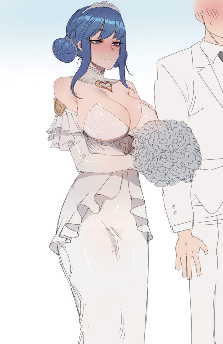... 1boy 1girl bangs bare_shoulders blue_hair bouquet breasts bride cleavage commentary couple crystal_rose_sona double_bun dress elbow_gloves eyebrows_visible_through_hair flower formal gloves groom heart highres korean_text large_breasts league_of_legends purple_eyes ratatatat74 smile sona_(league_of_legends) standing strapless strapless_dress suit sweat swept_bangs tiara wedding wedding_dress white_dress white_gloves white_suit