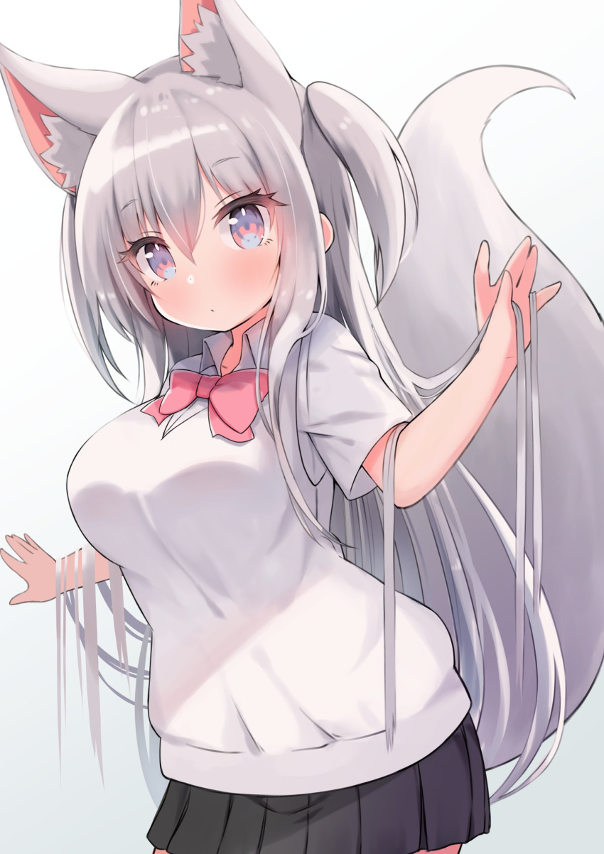 1girl animal_ear_fluff animal_ears arm_up black_skirt fox_ears fox_girl fox_tail highres long_hair original pink_eyes school_uniform shirt short_sleeves silver_hair siragagaga skirt solo sweater_vest tail two_side_up very_long_hair white_shirt white_sweater_vest