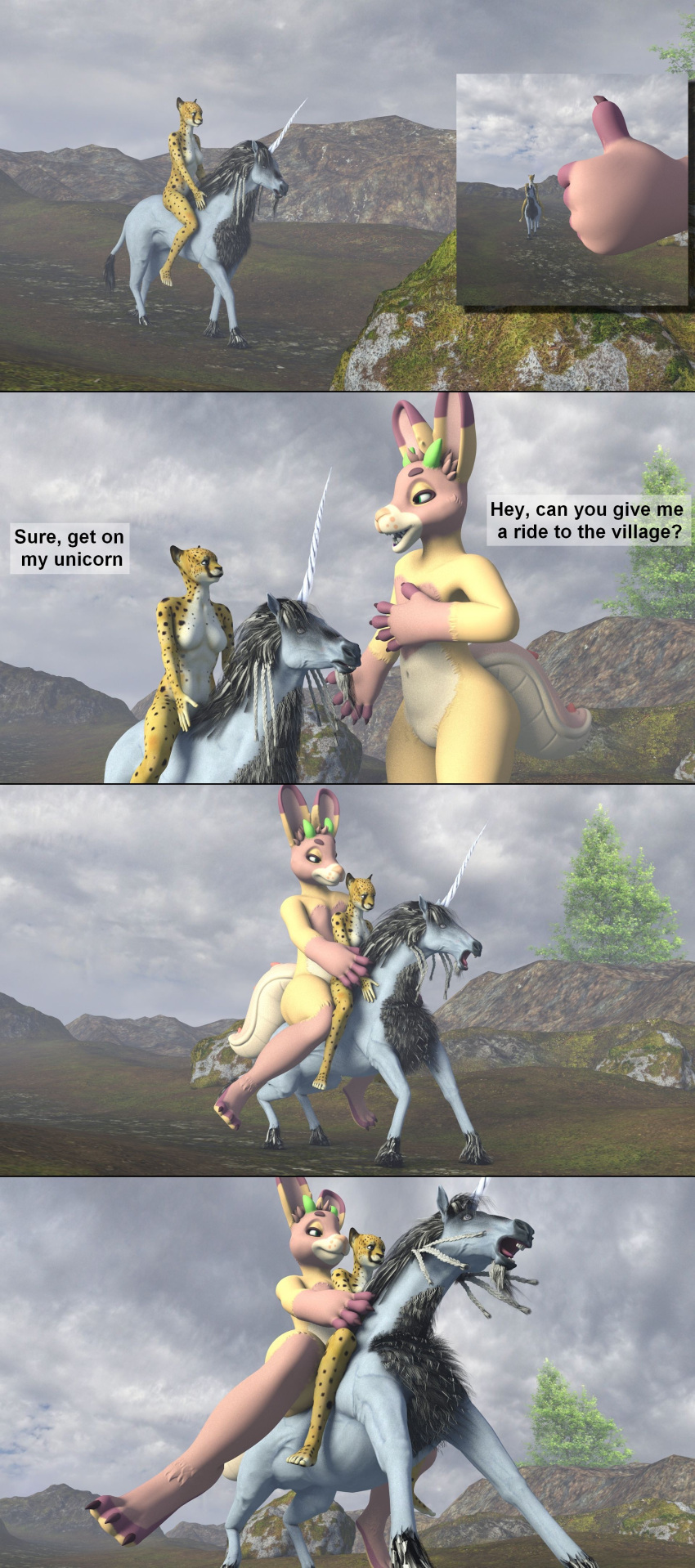 3d_(artwork) absurd_res anthro cheetah comic crush digital_media_(artwork) equid equine felid feline female female_on_feral female_on_top feral fur furred_bunny furred_cheetah group heavy hi_res horn kirill475 lagomorph leporid male male/female mammal on_top open_mouth rabbit riding unicorn