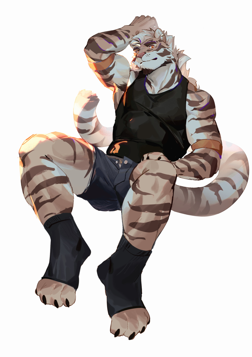 1boy armband bara black_tank_top body_fur covered_abs full_body furry furry_male grey_shorts highres looking_at_viewer male_focus muscular muscular_male original pectoral_cleavage pectorals seato-hao shirt short_hair shorts smile snout solo tail tank_top tiger_boy tiger_tail tight tight_shirt