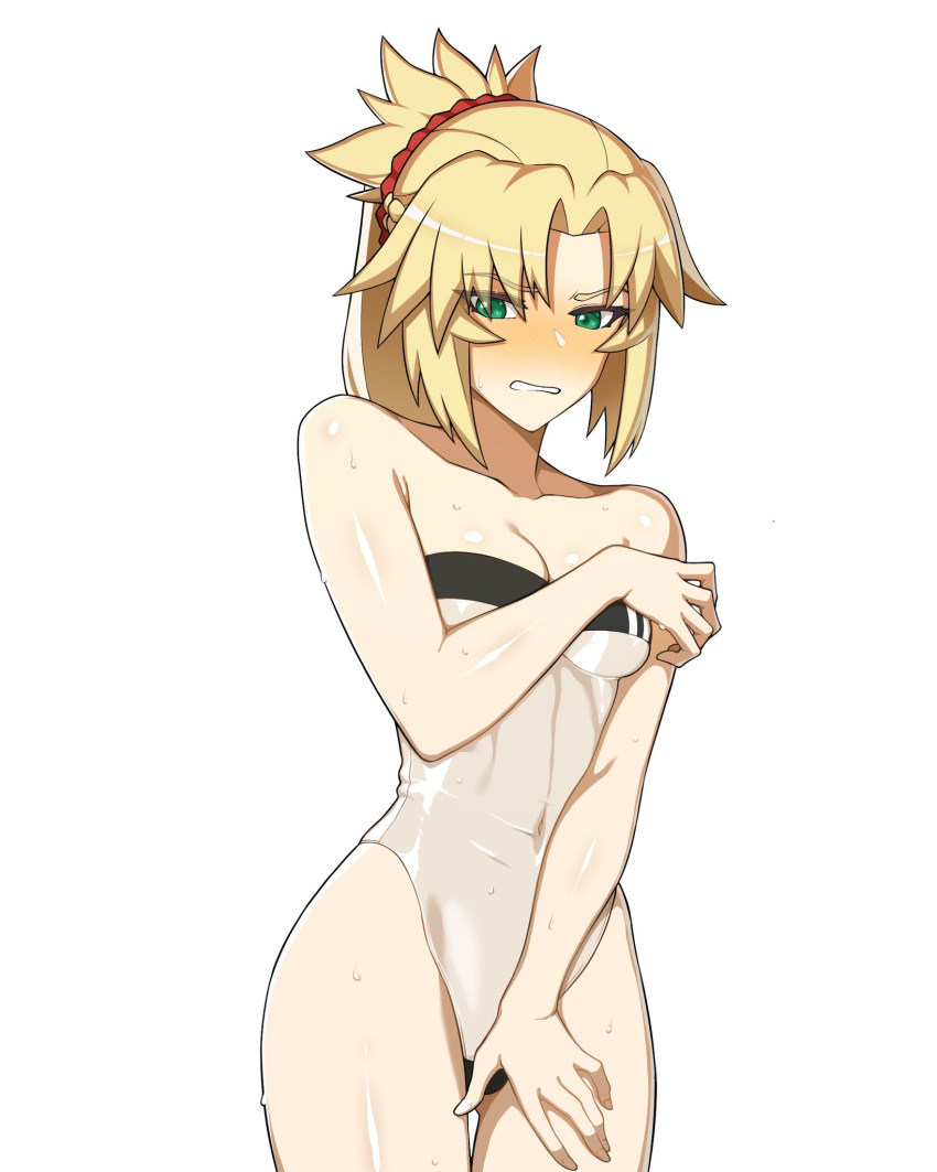1girl blonde_hair blush breasts collarbone covered_navel cowboy_shot eyebrows_visible_through_hair eyes_visible_through_hair fate/apocrypha fate_(series) green_eyes gris_swimsuit highres hyperbudd meme_attire mordred_(fate) one-piece_swimsuit parted_lips ponytail see-through simple_background small_breasts solo swimsuit teeth wet white_background