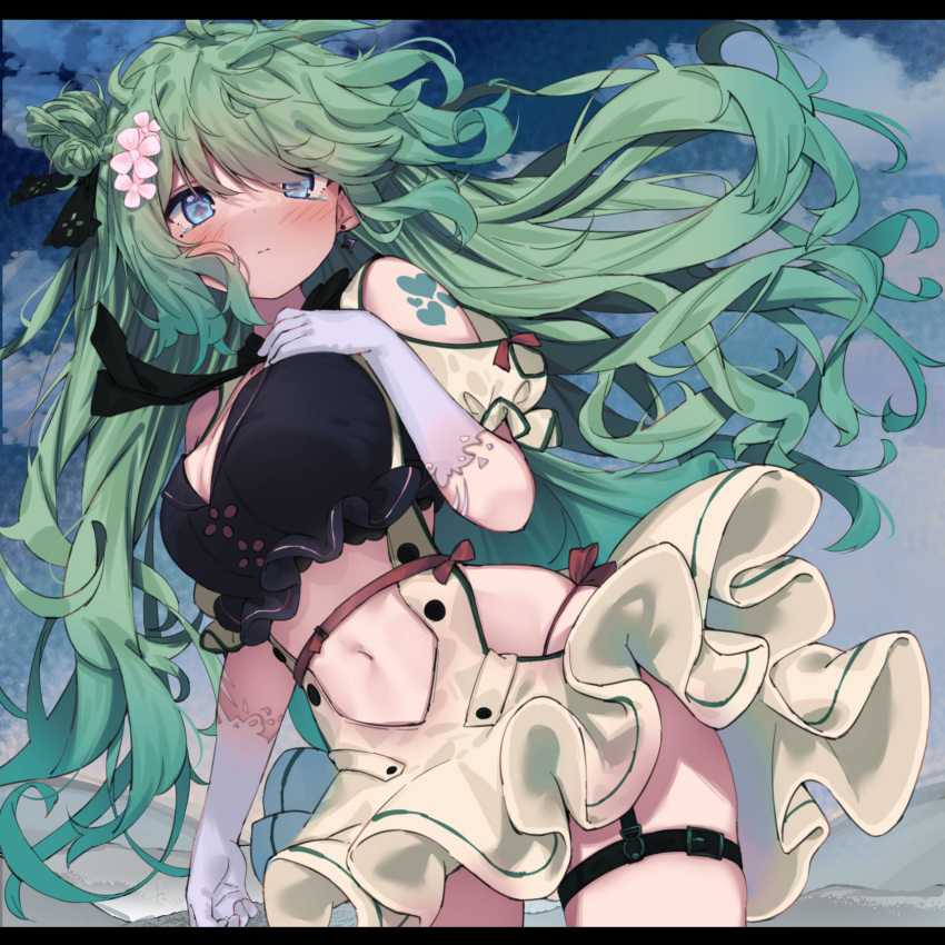 +_+ 1girl bangs black_necktie black_shirt blush breasts closed_mouth clothing_cutout cloud commentary_request crop_top curly_hair earrings eip_(pepai) floating_hair flower frilled_skirt frills gloves green_hair hair_flower hair_ornament hand_on_own_chest hand_up heart heart_tattoo highres hip_vent jewelry large_breasts long_hair looking_at_viewer mole mole_under_eye navel navel_cutout necktie neckwear_lift original outdoors panties pink_flower red_panties shirt shoulder_cutout shoulder_tattoo side-tie_panties skirt solo standing tattoo tearing_up thigh_strap underwear very_long_hair white_gloves wind