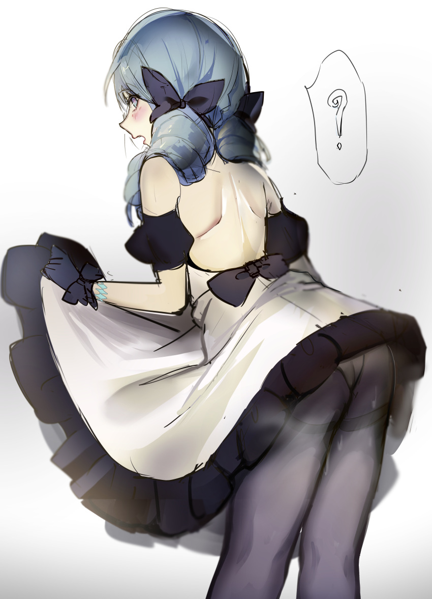 1girl ? absurdres ass bangs bare_shoulders black_bow black_legwear black_sleeves blush bow clothes_lift detached_sleeves dress dress_lift drill_hair frilled_dress frills from_behind green_hair grey_dress gwen_(league_of_legends) hair_bow highres league_of_legends leaning_forward looking_back open_mouth panties panties_under_pantyhose pantyhose solo spoken_question_mark strapless strapless_dress twin_drills underwear zyrophin