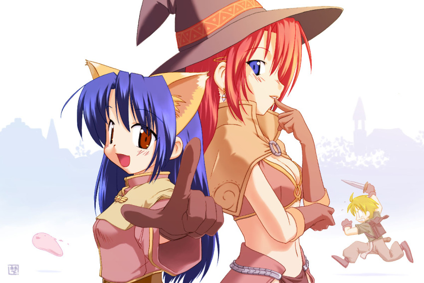 1boy 2000s_(style) 2girls acolyte_(ragnarok_online) animal_ears backpack bag bangs bikini bikini_top_only blonde_hair blue_eyes blue_hair blush breasts brown_bag brown_bikini brown_capelet brown_eyes brown_gloves brown_headwear brown_pants brown_skirt capelet cassock cat_ears closed_mouth commentary_request dagger earrings elbow_gloves eyebrows_visible_through_hair fumotono_mikoto gloves green_shirt hair_between_eyes hat holding holding_dagger holding_weapon jewelry knife large_breasts long_hair long_sleeves looking_at_viewer looking_to_the_side mage_(ragnarok_online) midriff multiple_girls navel novice_(ragnarok_online) open_mouth pants poring ragnarok_online red_hair running shirt short_sleeves skirt slime_(creature) small_breasts smile swimsuit upper_body weapon witch_hat