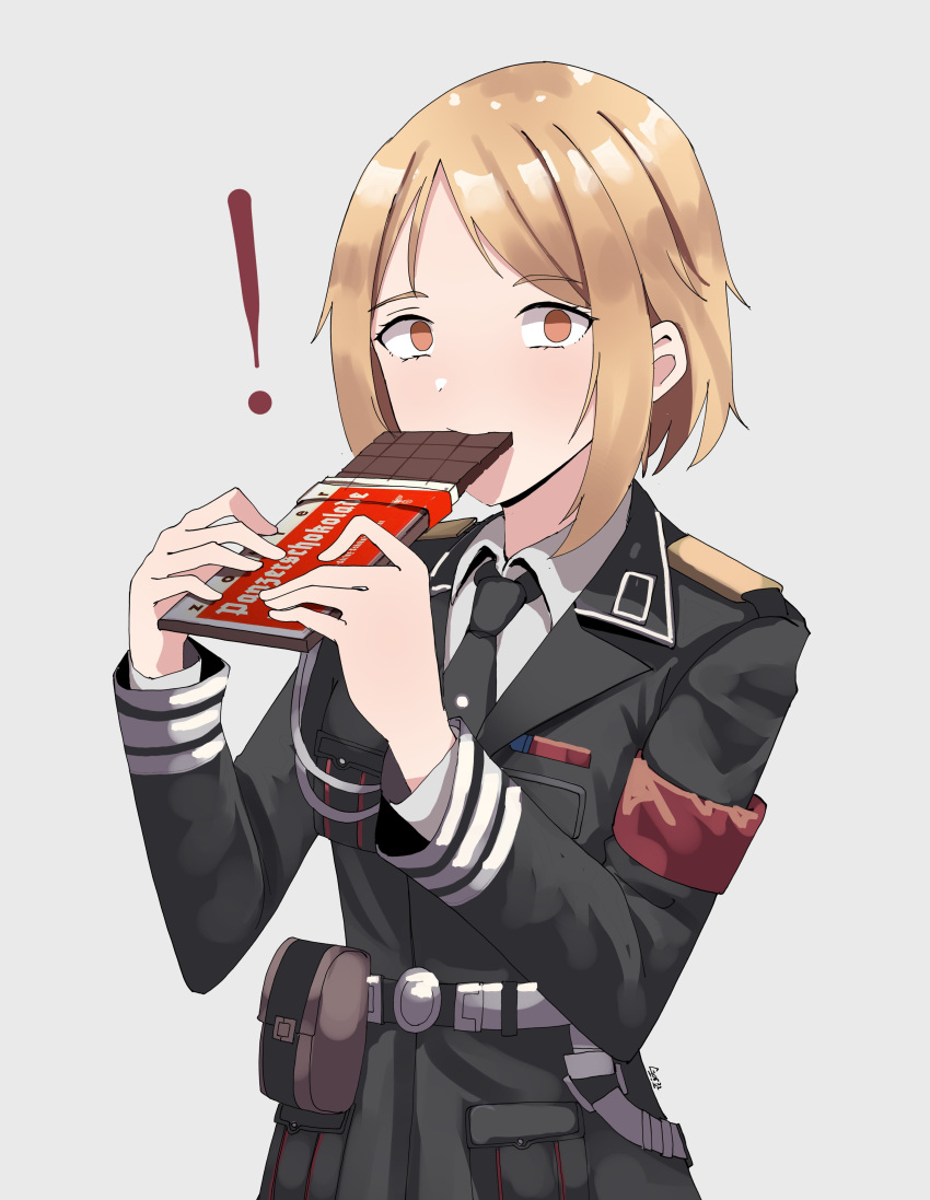 ! 1girl absurdres belt belt_pouch black_coat black_necktie blonde_hair brown_eyes candy character_request check_character chocolate chocolate_bar coat collared_shirt commentary eating empty_eyes food gar32 girls'_frontline grey_background highres holding holding_chocolate holding_food long_sleeves looking_at_viewer medium_hair military military_uniform mp40_(girls'_frontline) nazi necktie original pouch red_armband shirt signature simple_background solo surprised uniform upper_body