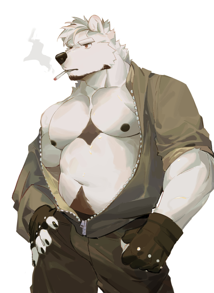 1boy abs animal_ears bara bare_pectorals bear_boy bear_ears belly black_pants body_fur bulge chest_hair cowboy_shot facial_hair fingerless_gloves furry furry_male gloves goatee highres jacket large_pectorals looking_to_the_side male_focus mature_male muscular muscular_male navel nipples open_clothes open_jacket original pants pectorals plump seato-hao short_hair smoking snout solo stomach thick_eyebrows unzipped white_background white_fur zipper