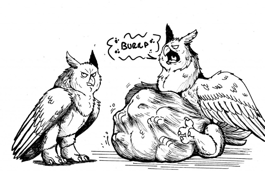 abdominal_bulge ambiguous_gender angry avian beak bird black_and_white burping feral feral_pred monochrome owl talons thatgryphonguy traditional_media_(artwork) wings