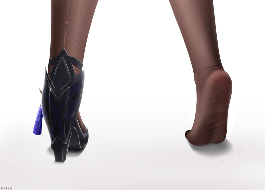 1girl arched_soles black_footwear brown_legwear close-up commentary_request feet_only from_behind from_below genshin_impact high_heels highres keqing_(genshin_impact) pantyhose print_legwear shoes simple_background single_shoe soles solo tassel white_background z282g