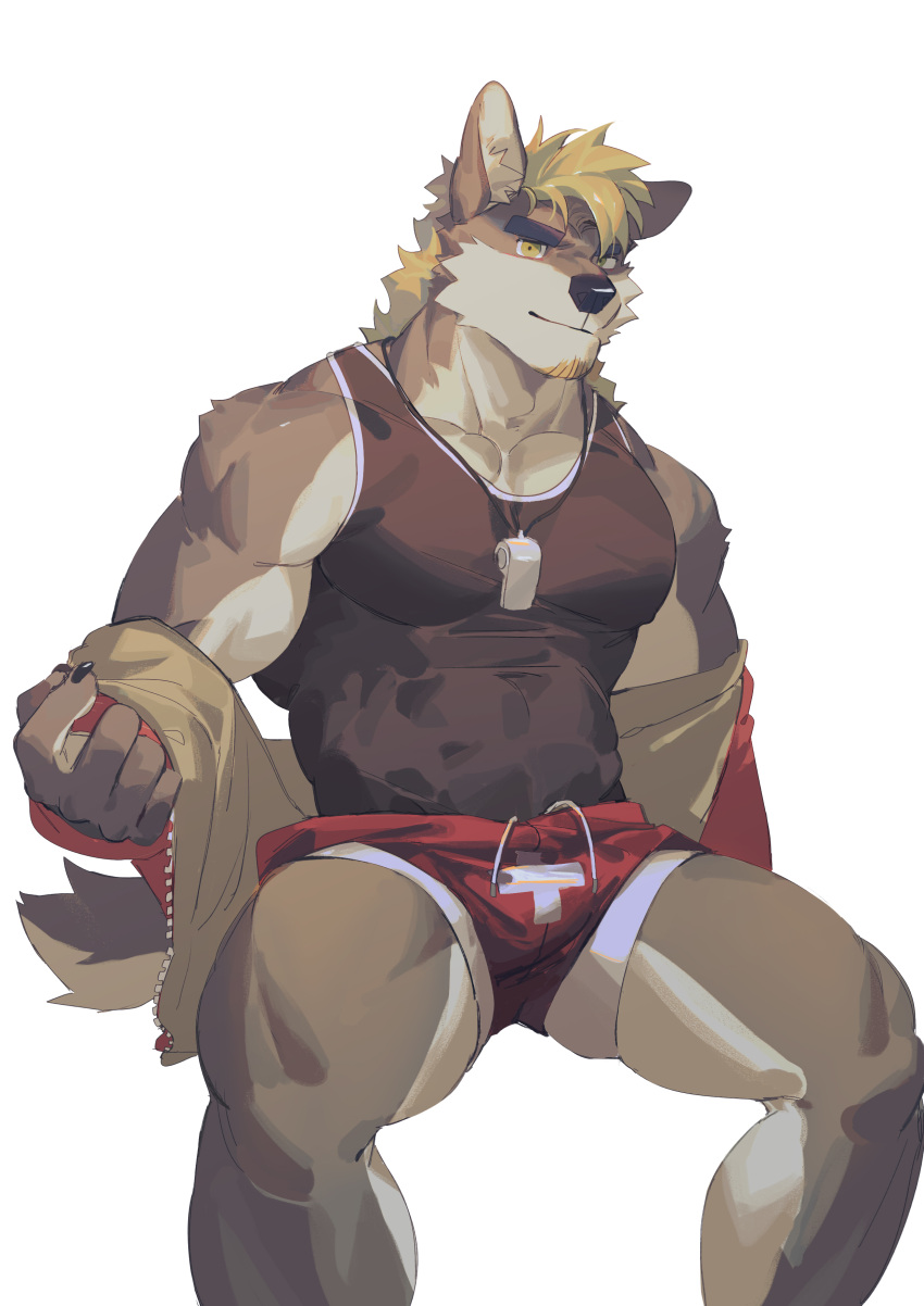 1boy absurdres animal_ears bara black_tank_top body_fur brown_eyes brown_fur bulge covered_nipples dog_boy dog_ears dog_tail feet_out_of_frame furry furry_male highres jacket jacket_partially_removed large_pectorals lifeguard male_focus male_swimwear muscular muscular_male original pectoral_cleavage pectorals print_shorts red_shorts seato-hao short_hair shorts sitting smile snout solo swim_briefs swimsuit swimsuit_under_clothes tail tank_top thick_eyebrows thick_thighs thighs whistle whistle_around_neck white_background white_male_swimwear