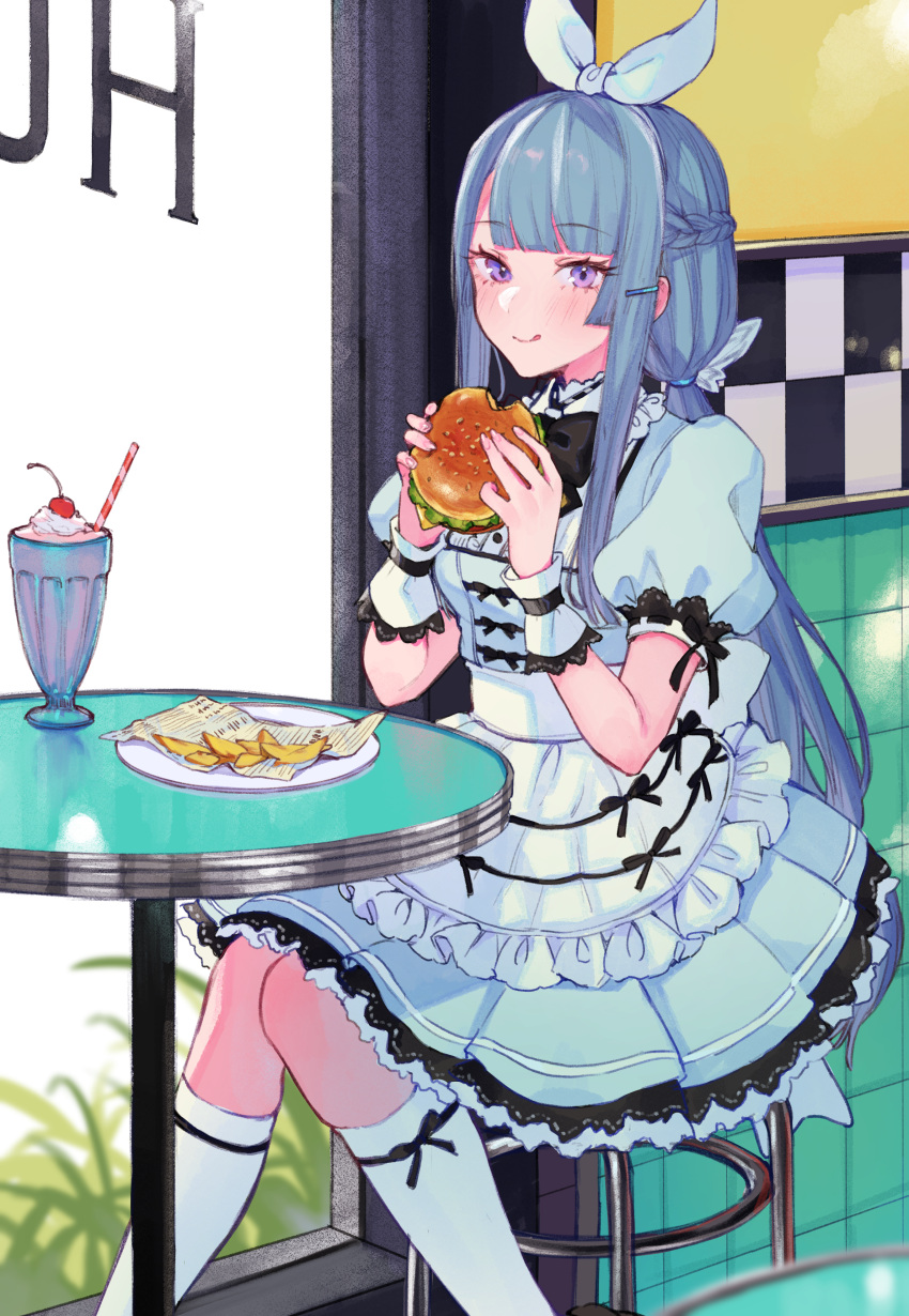 1girl :q absurdres apron bangs black_ribbon blue_dress blue_hair blunt_bangs blush bow braid burger cherry closed_mouth day dress drinking_straw eating eyebrows_visible_through_hair fast_food feet_out_of_frame fingernails food french_braid french_fries frilled_apron frills fruit hair_bow hair_ornament hairpin hands_up highres holding holding_food indoors kneehighs lace-trimmed_dress lace_trim leaf lolita_fashion long_hair looking_at_viewer nail_polish on_stool original pink_nails plate pleated_dress ponytail puffy_short_sleeves puffy_sleeves purple_eyes restaurant ribbon shiny shiny_hair short_sleeves sidelocks sitting smile smoothie solo stool swept_bangs table tongue tongue_out uni_(melm) waist_apron white_apron white_bow white_legwear wrist_cuffs