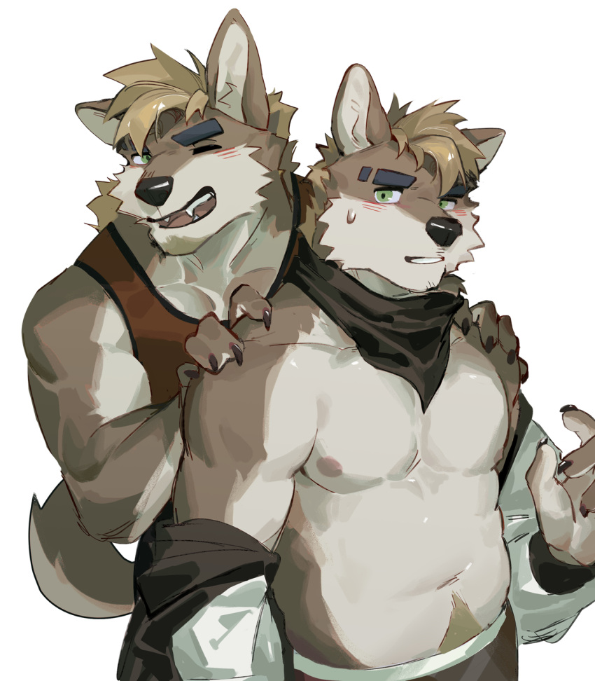 2boys abs animal_ears bara bare_pectorals bare_shoulders belly body_fur dog_boy dog_ears dog_tail eyebrow_cut facial_hair fangs furry furry_male goatee green_eyes hands_on_another's_shoulders highres light_blush looking_at_viewer male_focus multiple_boys muscular muscular_male navel nipples one_eye_closed original pectoral_cleavage pectorals plump red_tank_top seato-hao short_hair sideburns snout stomach tail tank_top undressing upper_body