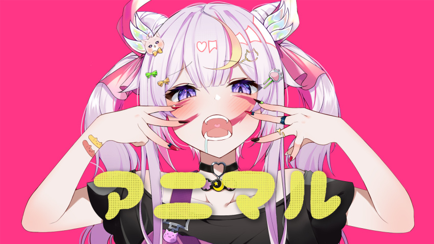 1girl animal_(vocaloid) black_nails black_shirt collarbone fangs hands_on_own_face highres jewelry kimae korean_commentary mixed-language_commentary na_sera nijisanji nijisanji_kr off-shoulder_shirt off_shoulder open_hands paw_hair_ornament pink_background pink_hair portrait purple_eyes ring saliva shirt song_name twintails virtual_youtuber