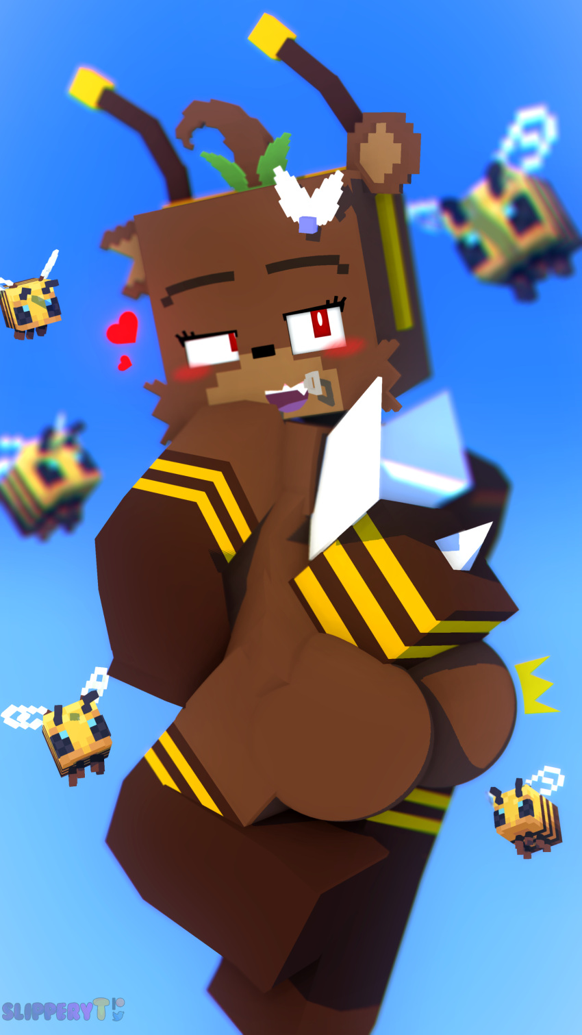 &lt;3 absurd_res accessory ambiguous_gender animate_inanimate anthro arm_warmers armwear arthropod bee bia_(slipperyt) big_butt blue_background blush brown_body brown_fur butt clothing fur hair_accessory hi_res hymenopteran insect insect_wings legwear living_plushie looking_back mammal microsoft minecraft mojang plushie red_eyes simple_background slipperyt solo stinger teeth thigh_highs tongue ursid video_games wings xbox_game_studios zipper zipper_mouth