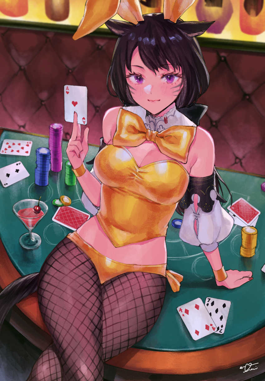1girl absurdres animal_ears arm_support bangs bare_shoulders between_fingers black_bow black_footwear blush bow breasts brown_hair bustier card casino casino_card_table cat_ears cat_girl cat_tail chips cleavage closed_mouth cocktail_glass commentary cowboy_shot crossed_legs cup detached_collar detached_sleeves drinking_glass eyebrows_visible_through_hair eyelashes facial_mark fake_animal_ears final_fantasy final_fantasy_xiv fingernails fishnet_legwear fishnets food groin hair_bow hand_up highres holding holding_card indoors long_fingernails long_hair looking_at_viewer lowleg lowleg_panties medium_breasts midriff_peek miqo'te nail_polish necktie on_table panties playboy_bunny ponytail puffy_short_sleeves puffy_sleeves purple_eyes rabbit_ears red_nails short_sleeves signature sitting slit_pupils smile solo strapless swept_bangs table tail underwear uni_(melm) whisker_markings white_panties white_sleeves wristband yellow_bow yellow_bustier yellow_necktie
