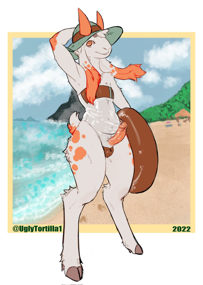 anthro beach bovid bulge caprine clothing digitigrade erection fanta_(character) goat gris_swimsuit hat headgear headwear hi_res long_ears male mammal meme meme_clothing one-piece_swimsuit seaside slightly_chubby solo swimwear thick_thighs translucent translucent_clothing translucent_swimwear ugly_tortilla