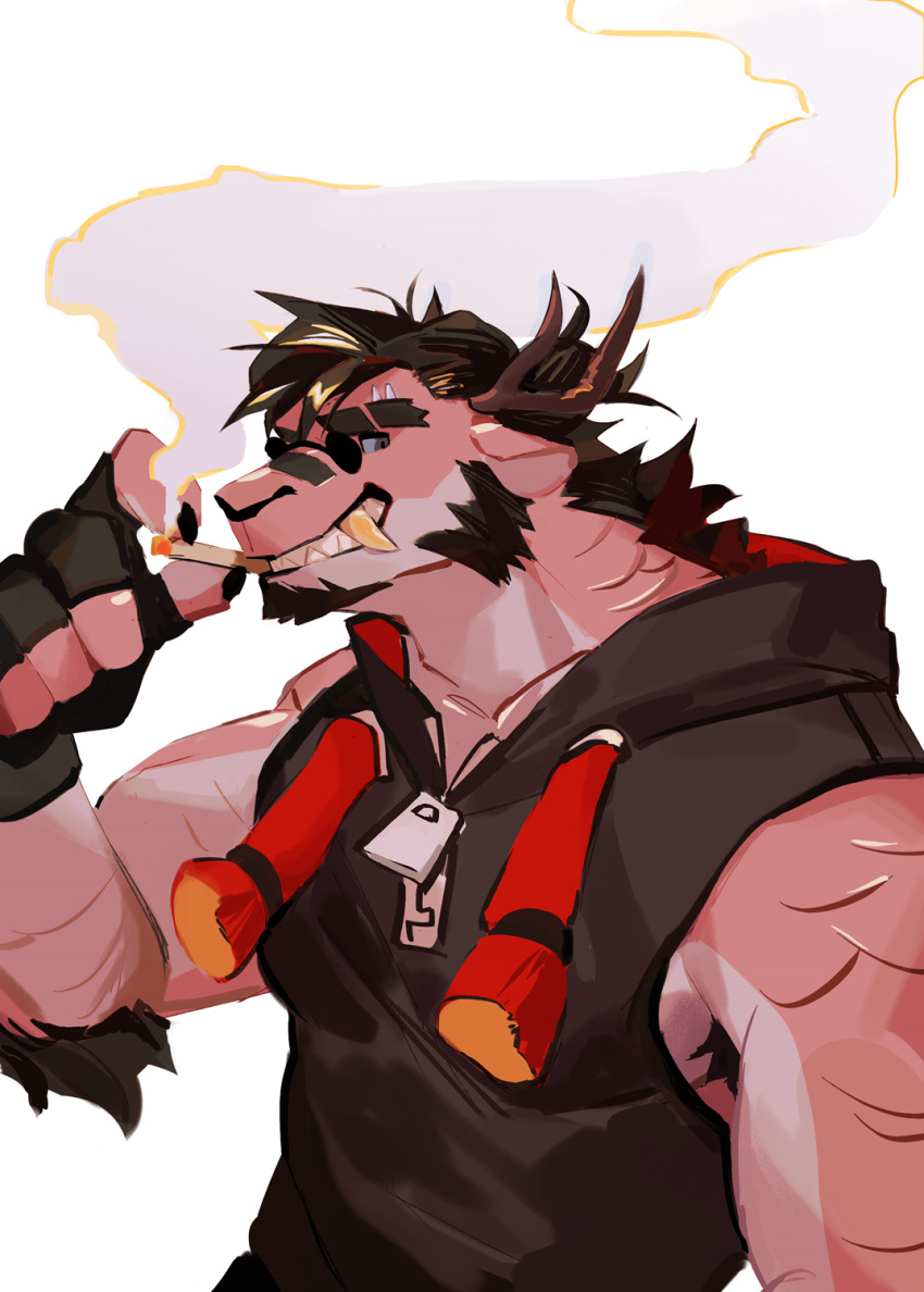 1boy animal_ears armpit_hair bara bare_arms black_hair black_jacket body_fur cigarette dragon_boy dragon_ears dragon_horns facial_hair furry furry_male goatee highres horns jacket large_pectorals male_focus mature_male muscular muscular_male original pectorals pink_fur round_eyewear seato-hao short_hair sideburns sidepec sleeveless sleeveless_jacket smile smoking snout solo sunglasses unfinished upper_body white_background