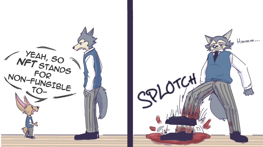 2022 absurd_res anthro beastars blood bodily_fluids cartoon_violence clothed clothing comic dialogue duo english_text hi_res humor legoshi_(beastars) male nft simple_background sound_effects speech_bubble text unknown_artist voss_(beastars)