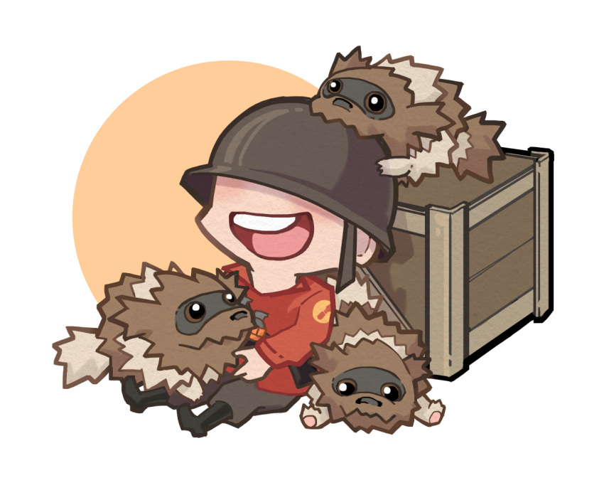 1boy :d animal_on_head biting_hat boots chibi covered_eyes crate crossover helmet male_focus norue on_head pokemon pokemon_(creature) smile team_fortress_2 the_soldier zigzagoon