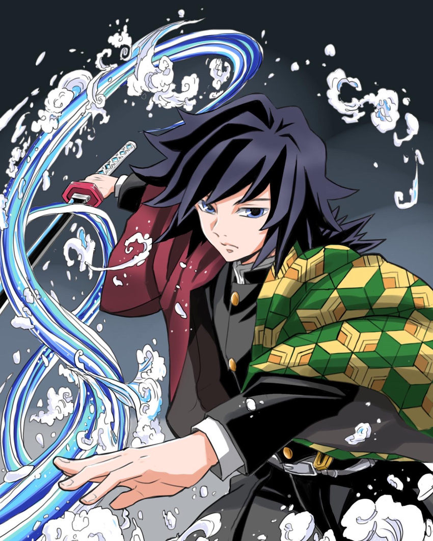 1boy bangs belt belt_buckle black_hair blue_eyes buckle buttons chokutou closed_mouth cowboy_shot expressionless fingernails gakuran haori highres holding holding_sword holding_weapon jacket japanese_clothes katana kimetsu_no_yaiba looking_at_viewer male_focus medium_hair multicolored_clothes multicolored_jacket pocket sakokichi-1974 school_uniform solo standing sword tomioka_giyuu unsheathed water water_drop weapon white_belt