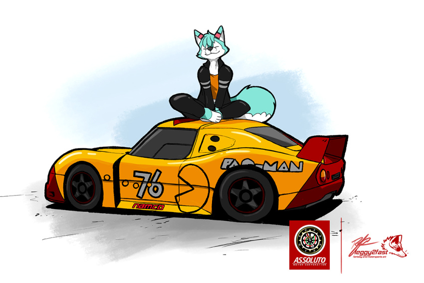 2021 anthro blue_body blue_fur bottomwear canid canine car clothing crossed_legs eyes_closed fox fur jacket logo male mammal pac-man pac-man_(series) pants race_car ridge_racer roflfox shirt sitting sitting_on_car smile solo the_raf topwear vehicle video_games white_body white_fur