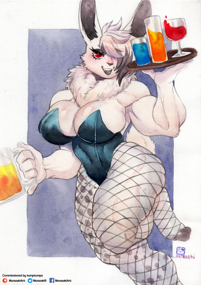 absurd_res anthro beverage big_breasts breasts cheek_tuft facial_tuft female fur hair hair_over_eye hi_res lagomorph leporid mammal murazaki muscular muscular_female neck_tuft one_eye_obstructed rabbit red_eyes solo thick_thighs tuft waiter white_body white_fur