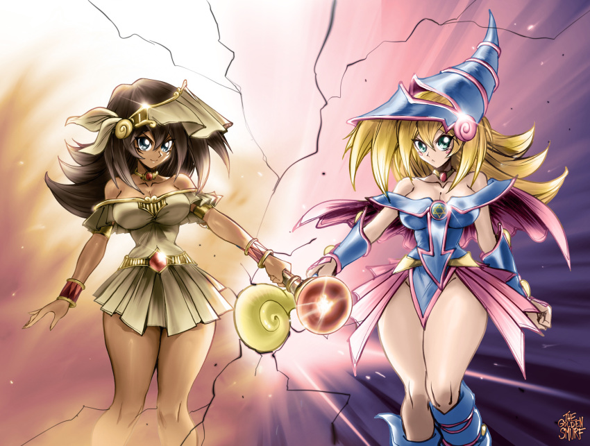 2girls aqua_eyes bangs bare_shoulders black_eyes blonde_hair blue_dress blue_eyes blue_footwear blue_headwear blush_stickers breasts brown_hair capelet cleavage closed_mouth collar collarbone commentary dark-skinned_female dark_magician_girl dark_skin dress dual_persona duel_monster egyptian egyptian_clothes facial_mark hat highres holding long_hair looking_at_viewer magic mana_(yu-gi-oh!) medium_breasts multicolored_background multiple_girls pelvic_curtain pentagram short_dress smile staff the_golden_smurf thighs wand wizard_hat yu-gi-oh!