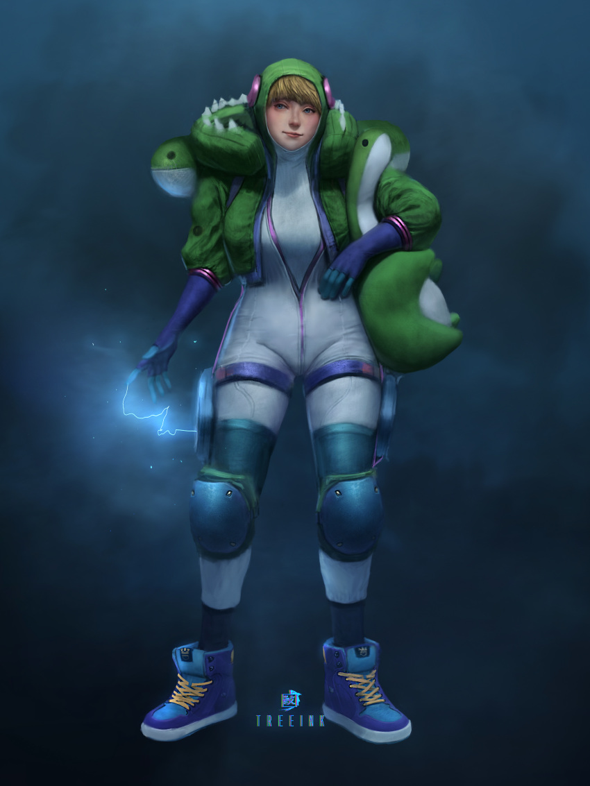1girl absurdres alternate_costume apex_legends artist_name bangs blonde_hair blue_background blue_eyes blue_footwear blue_gloves blush bodysuit breasts gloves green_jacket grey_bodysuit highres holding holding_stuffed_toy jacket knee_pads looking_to_the_side medium_breasts nessie_(respawn) realistic shoes smile sneakers solo stuffed_toy treeink wattson_(apex_legends)