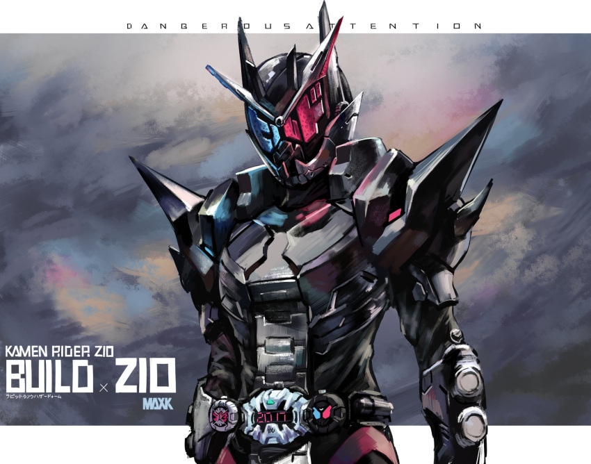 1boy adapted_costume alternate_costume armor black_bodysuit blue_eyes bodysuit clock_hands english_commentary hazard_trigger heterochromia highres kamen_rider kamen_rider_build_(series) kamen_rider_zi-o kamen_rider_zi-o_(series) max-k red_eyes rider_watch shoulder_spikes spiked_armor spikes symmetry ziku_driver