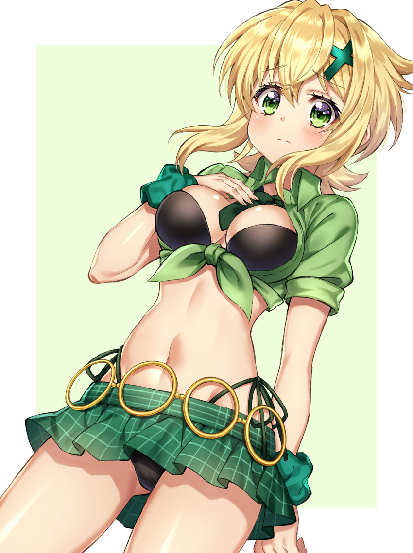 1girl akatsuki_kirika bikini bikini_under_clothes black_bikini blonde_hair blush breasts cleavage green_eyes hair_ornament highres looking_at_viewer medium_breasts midriff navel necktie senki_zesshou_symphogear shiny shiny_hair shiny_skin short_hair side-tie_bikini skirt solo standing swimsuit x_hair_ornament yuuheisyoujyo