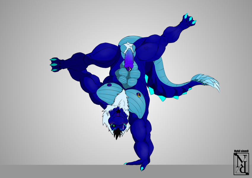 absurd_res anthro ball_tuft balls big_pecs black_eyes black_hair blep blinking blue_body body_hair bulge chest_hair claws dinosaur eye_scar facial_scar feathered_dinosaur feathers flexing flexing_muscles foreskin fur fur_tuft furred_dinosaur genital_piercing genitals green_eyes hair handstand hi_res humanoid_genitalia humanoid_penis male markings muscular nipple_piercing nipples nyhil_rex on_one_hand pecs penile_spines penis penis_piercing piercing pose prince_albert_piercing pubes purple_genitals reptile scale_markings scales scalie scar simple_background solo spiked_tail spikes spikes_(anatomy) tail_feathers tail_markings thick_tail tongue tongue_out tuft uncut_with_spines upside_down