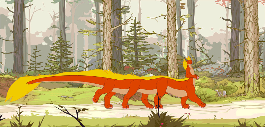 alfas animated antlers asian_mythology barbel_(anatomy) blue_eyes claws detailed_background dragon east_asian_mythology eastern_dragon forest fur hi_res horn long_body male multi_leg multi_limb mythology nude outside plant red_body red_scales scales short_playtime smile solo tail_tuft taur tree tuft vozrick walking yellow_body yellow_fur