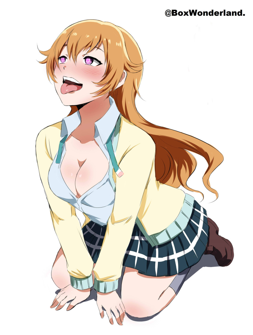 1girl absurdres angel_gabriel. bangs blush breasts cardigan cleavage collarbone commentary english_commentary heart heart-shaped_pupils highres kitou_akari konoe_kanata large_breasts long_hair love_live! love_live!_nijigasaki_high_school_idol_club nijigasaki_academy_uniform orange_hair purple_eyes sidelocks solo symbol-shaped_pupils tongue tongue_out twitter_username voice_actor_connection wavy_hair white_background