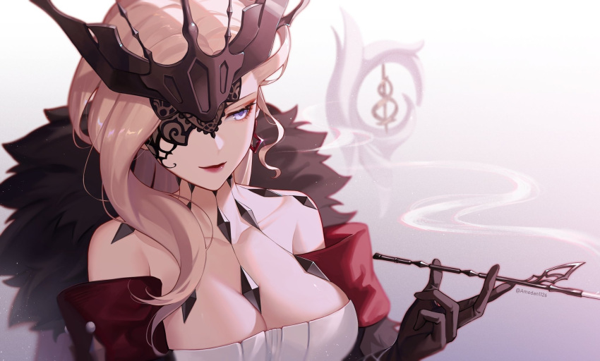 1girl amedan bare_shoulders black_gloves blonde_hair blue_eyes breasts cleavage collarbone dress eyepatch fur_trim genshin_impact gloves half-closed_eye highres large_breasts mask mask_on_head pipe red_lips signora_(genshin_impact) smile smoke solo upper_body