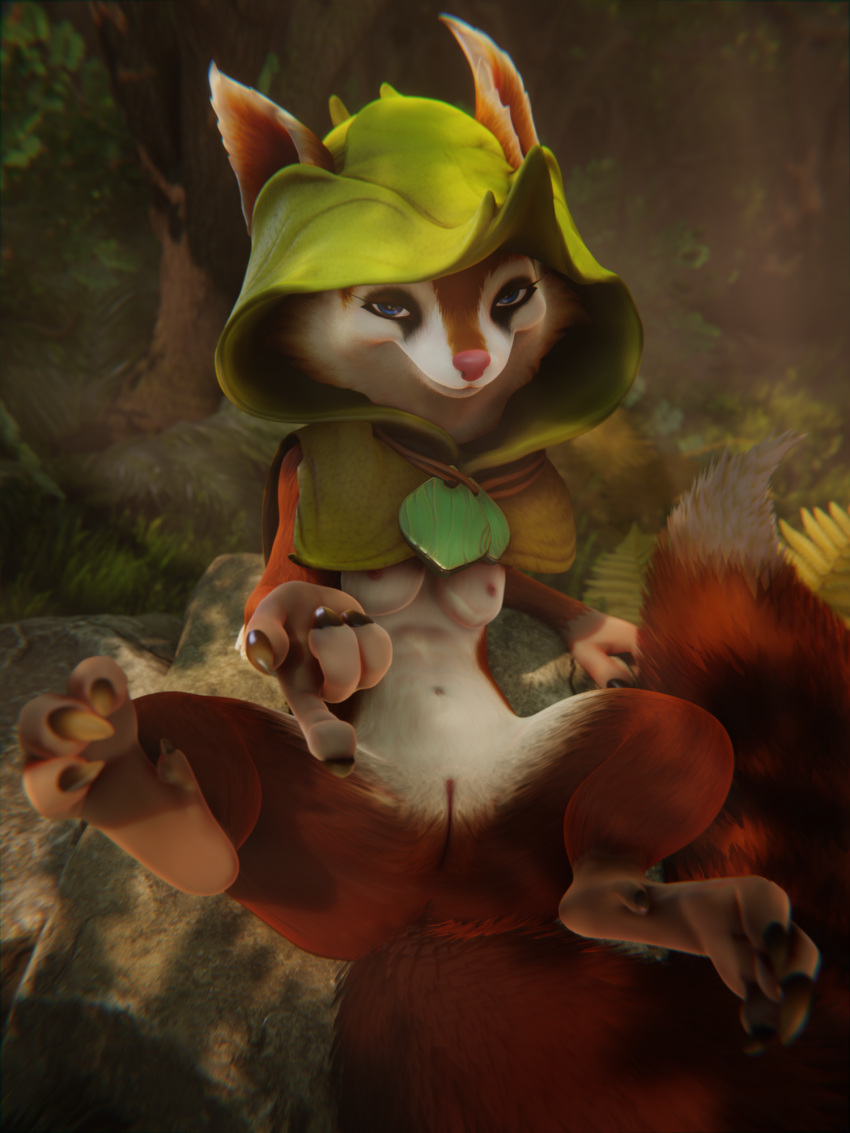 4_fingers anthro anus breasts cape clothing dota eyelashes feet female fingers foot_fetish forest forest_background fur genitals grass hi_res hood hoodwink_(dota) lies makeup mammal nature nature_background outside plant pussy red_body red_fur rock rodent sciurid seductive smile solo tail_tuft toes tree tree_squirrel tuft video_games white_body