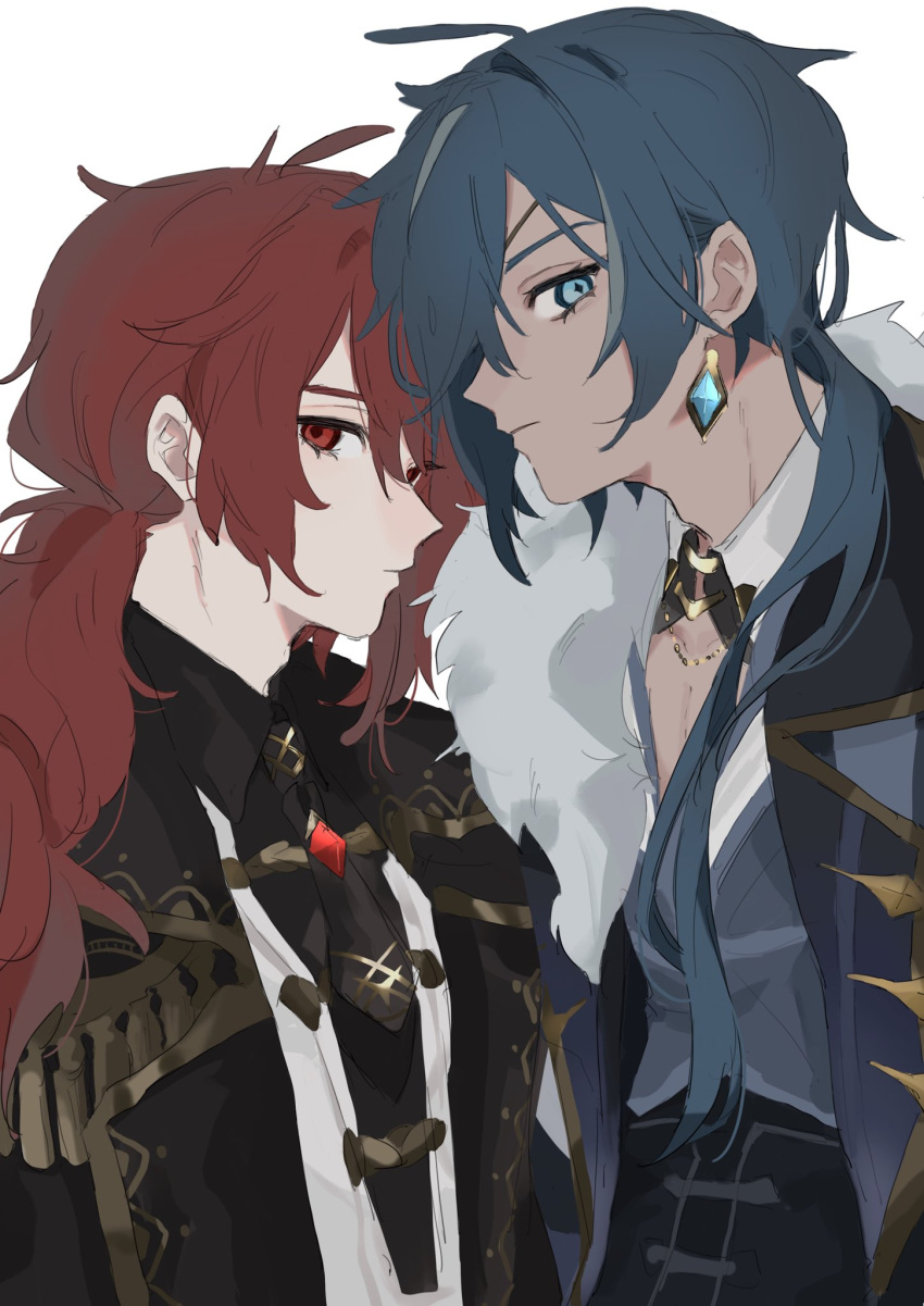 2boys black_coat black_necktie blue_coat blue_eyes blue_hair cleavage_cutout closed_mouth clothing_cutout coat diamond-shaped_pupils diamond_(shape) diluc_(genshin_impact) earrings fur_trim gem genshin_impact gold_necklace highres jewelry kaeya_(genshin_impact) long_hair looking_at_viewer male_focus mono_02 multiple_boys necklace necktie open_clothes open_coat red_eyes red_hair simple_background single_earring symbol-shaped_pupils white_background