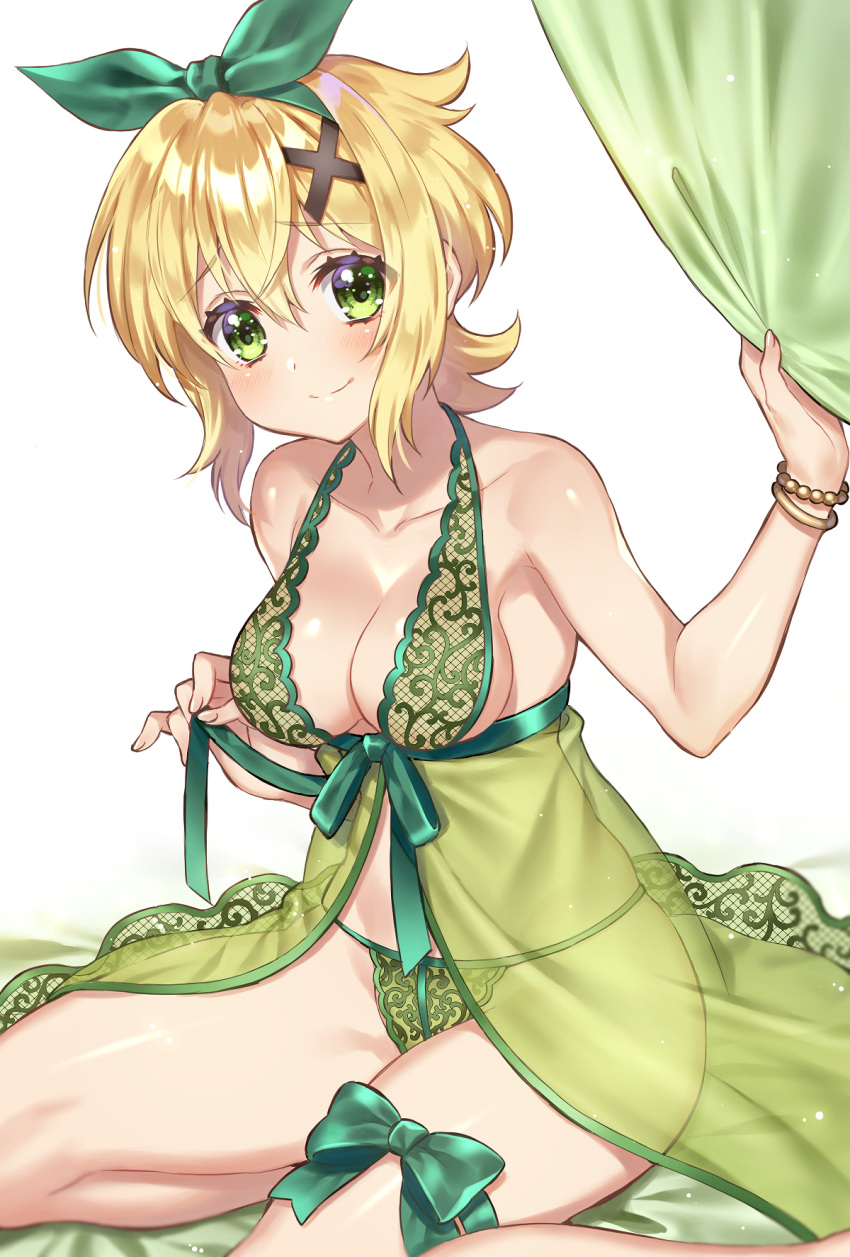 1girl akatsuki_kirika blonde_hair blush breasts camisole cleavage green_eyes green_panties hair_ornament highres lace_trim lingerie looking_at_viewer medium_breasts navel panties see-through senki_zesshou_symphogear shiny shiny_hair shiny_skin short_hair skindentation smile solo underwear x_hair_ornament yuuheisyoujyo