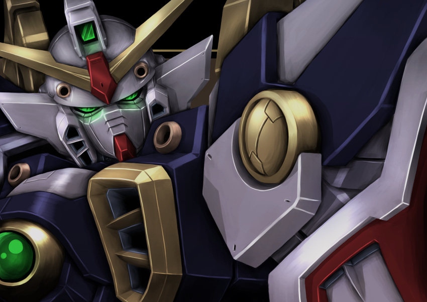 black_background gundam gundam_wing head_tilt highres hiraken looking_at_viewer mecha mobile_suit no_humans science_fiction shield v-fin wing_gundam