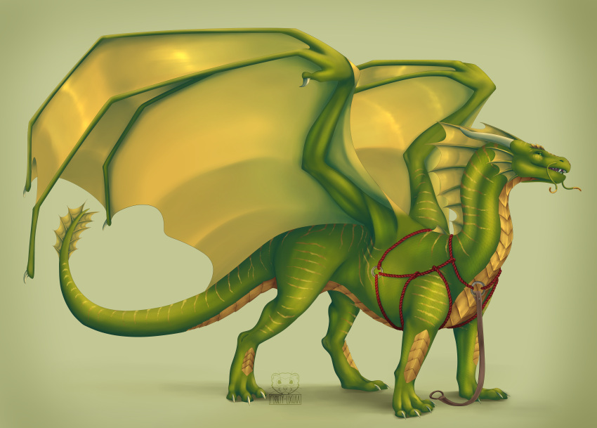 absurd_res ambiguous_gender claws dragon feral ferrety-lixciaa green_body green_scales hi_res horn membrane_(anatomy) membranous_wings scales scalie smile solo spines standing western_dragon wings yellow_body yellow_scales