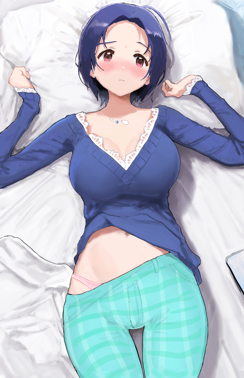 1girl absurdres ahoge bed_sheet blue_hair blue_shirt blush breasts cleavage closed_mouth forehead green_pants highres hitodama_(madatohi) idolmaster idolmaster_(classic) jewelry large_breasts long_sleeves lying miura_azusa navel necklace on_back panties pants pink_panties plaid plaid_pants purple_eyes shirt short_hair solo underwear v-neck