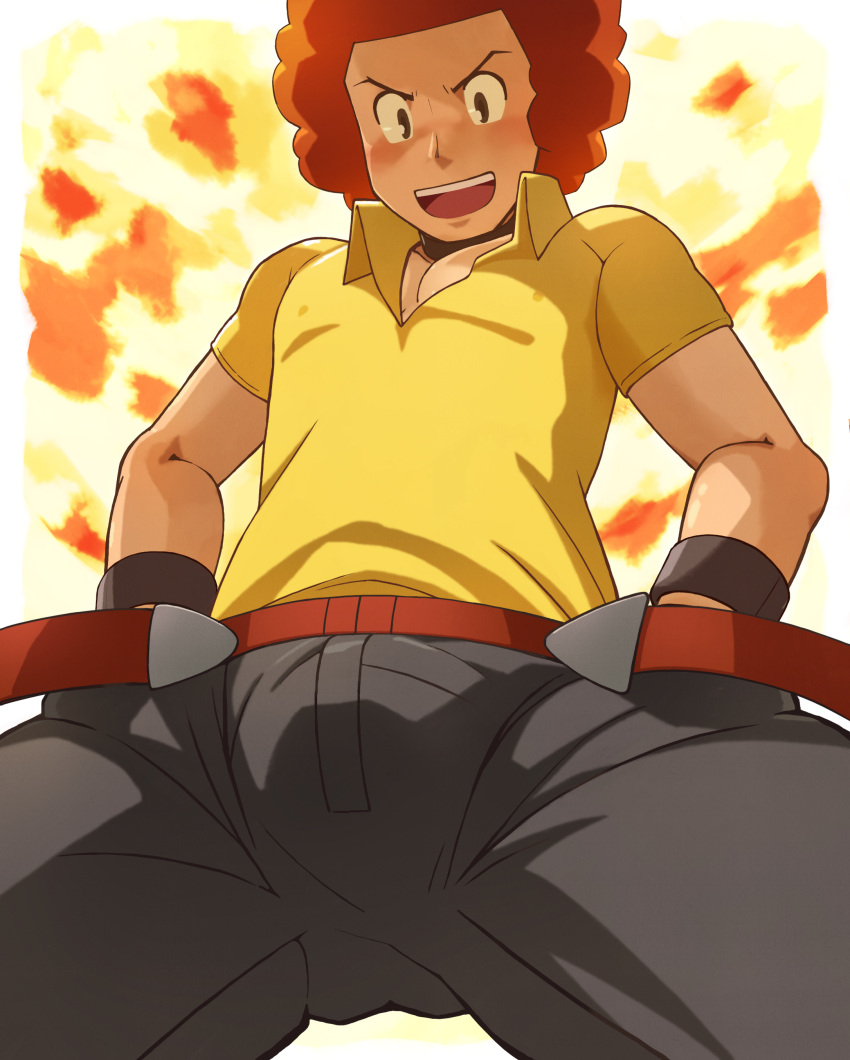 1boy :d absurdres afro belt black_choker blush border brown_eyes choker collared_shirt commentary_request fire flint_(pokemon) from_below hands_on_hips harano_hiroshi highres looking_down male_focus open_mouth outside_border pants pokemon pokemon_(game) pokemon_dppt red_belt red_hair shirt short_hair smile solo teeth tongue upper_teeth white_border wristband yellow_shirt