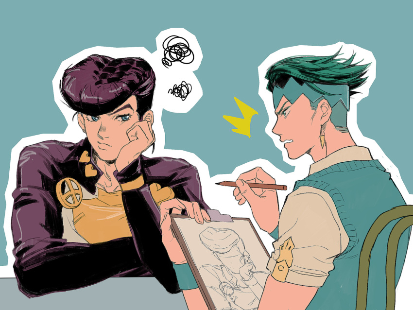 2boys al_(ahr) black_hair border drawing_board earrings gakuran green_hair headband higashikata_josuke highres jewelry jojo_no_kimyou_na_bouken kishibe_rohan male_focus multiple_boys pencil pompadour purple_hair school_uniform short_sleeves sketch sketching squiggle sweater_vest white_border