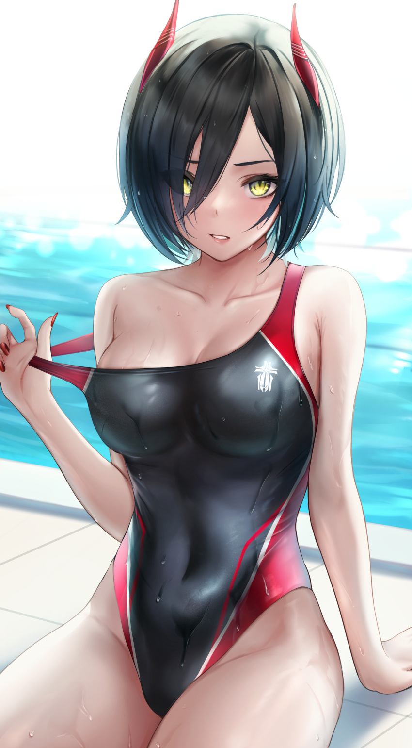 1girl absurdres arm_support azur_lane bangs bare_shoulders black_hair black_swimsuit blue_hair breasts cleavage clothes_pull collarbone commentary_request commission competition_swimsuit covered_navel eyebrows_visible_through_hair eyes_visible_through_hair fingernails gradient_hair groin hair_between_eyes hair_over_one_eye highres horns iron_blood_(emblem) large_breasts long_fingernails looking_at_viewer moshi_imo multicolored_hair one-piece_swimsuit parted_lips partial_commentary pixiv_request pool poolside red_horns red_nails shadow short_hair sidelocks sitting solo swimsuit swimsuit_pull ulrich_von_hutten_(azur_lane) water wet wet_clothes wet_swimsuit white_background white_hair yellow_eyes