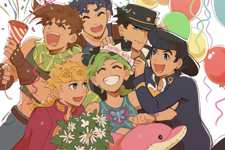 &gt;_&lt; 1girl 5boys :d ^_^ balloon battle_tendency black_hair blue_eyes blue_hair bouquet braid brown_hair butterfly_ornament closed_eyes confetti crop_top crown diamond_wa_kudakenai double_bun family fingerless_gloves giorno_giovanna gloves green_eyes green_hair green_lips green_scarf grin hat higashikata_josuke highres jojo_no_kimyou_na_bouken jonathan_joestar joseph_joestar joseph_joestar_(young) kujo_jolyne kujo_jotaro midriff multicolored_hair multiple_boys norue party_favor pompadour scarf smile spider_web_print stardust_crusaders stone_ocean striped striped_scarf stuffed_animal stuffed_dolphin stuffed_toy tilted_headwear two-tone_hair vento_aureo xd