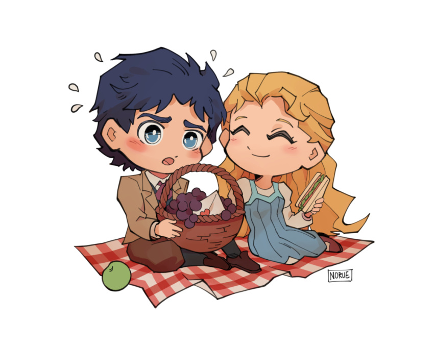 1boy 1girl 2boys ascot blanket blonde_hair blue_dress blue_eyes blue_hair blush chibi child couple dress erina_pendleton food fruit grapes hetero jojo_no_kimyou_na_bouken jonathan_joestar multiple_boys norue phantom_blood picnic_basket sandwich sitting sweat white_background younger