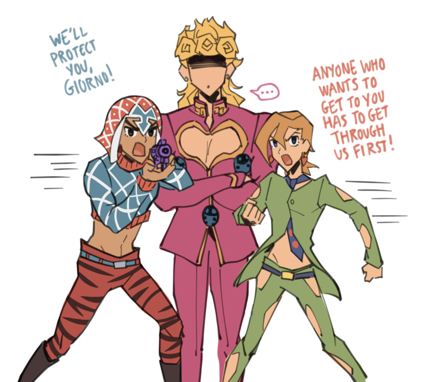 ... 3boys alternate_body_size animal_print blonde_hair bug cleavage_cutout clothing_cutout english_text giorno_giovanna guido_mista gun hat highres jojo_no_kimyou_na_bouken ladybug male_focus multiple_boys muscular muscular_male necktie norue pannacotta_fugo parody shaded_face tiger_print vento_aureo weapon