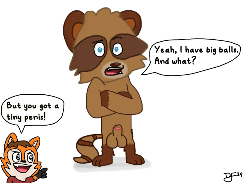 anthro balls big_balls canid canine crossed_arms danfitz29 danny_tanuki dialogue duo english_text fox genitals gesture hi_res looking_at_viewer luke_foxtail male mammal nude penis pointing pointing_at_penis raccoon_dog simple_background talking_to_viewer tanuki text